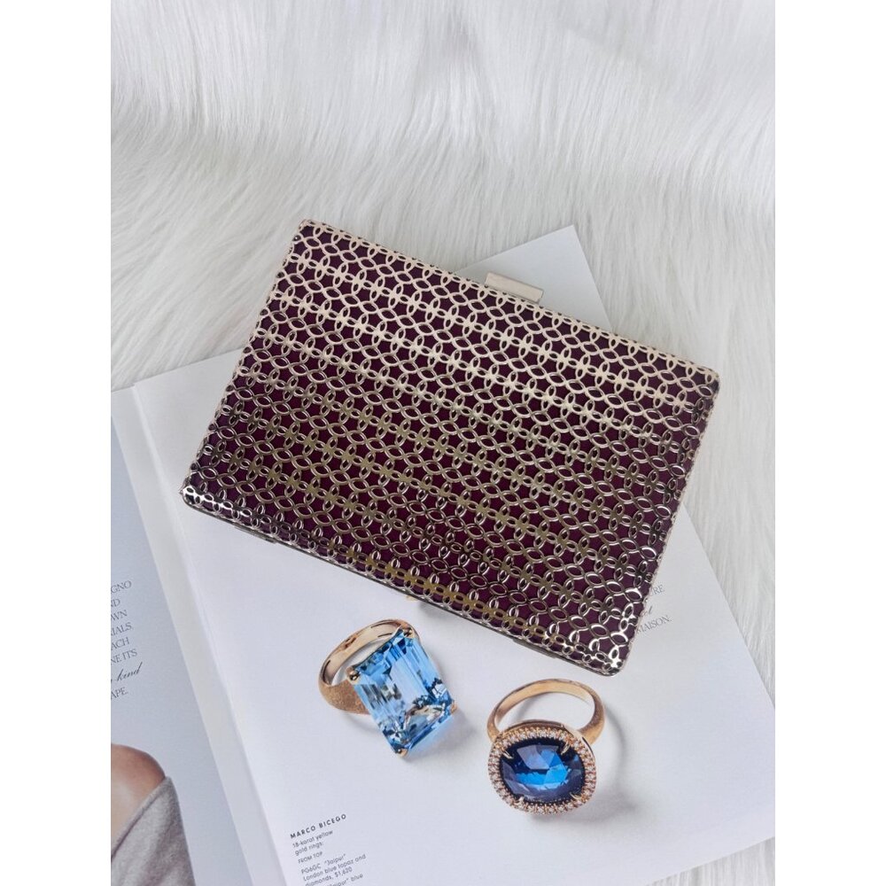 NWT Women’s Madison West Hard Case Bag Clutch Purse Handbag Gold & Burgundy